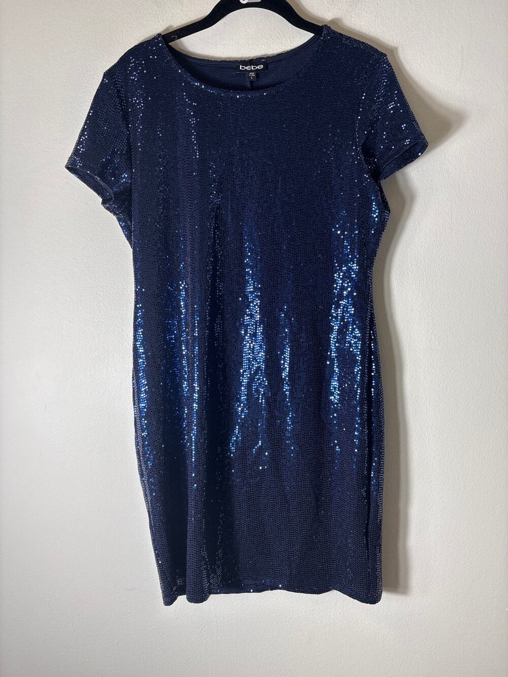 Bebe Navy Blue Cap Sleeve Sequin Knee Length Dress Sz L